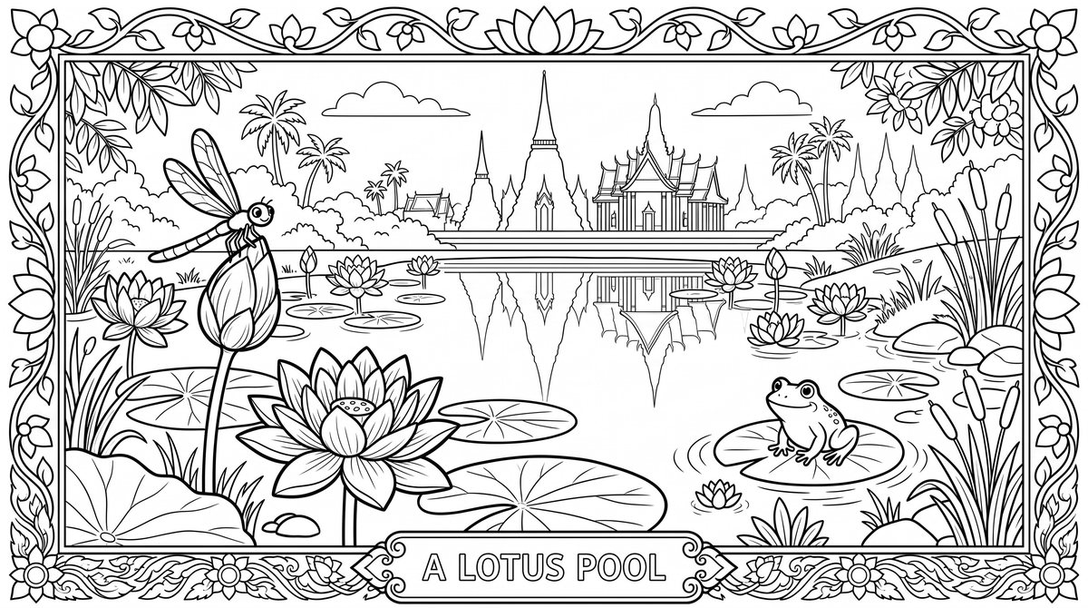 Colouring sheet: a lotus pool in front of an Ayutthaya temple