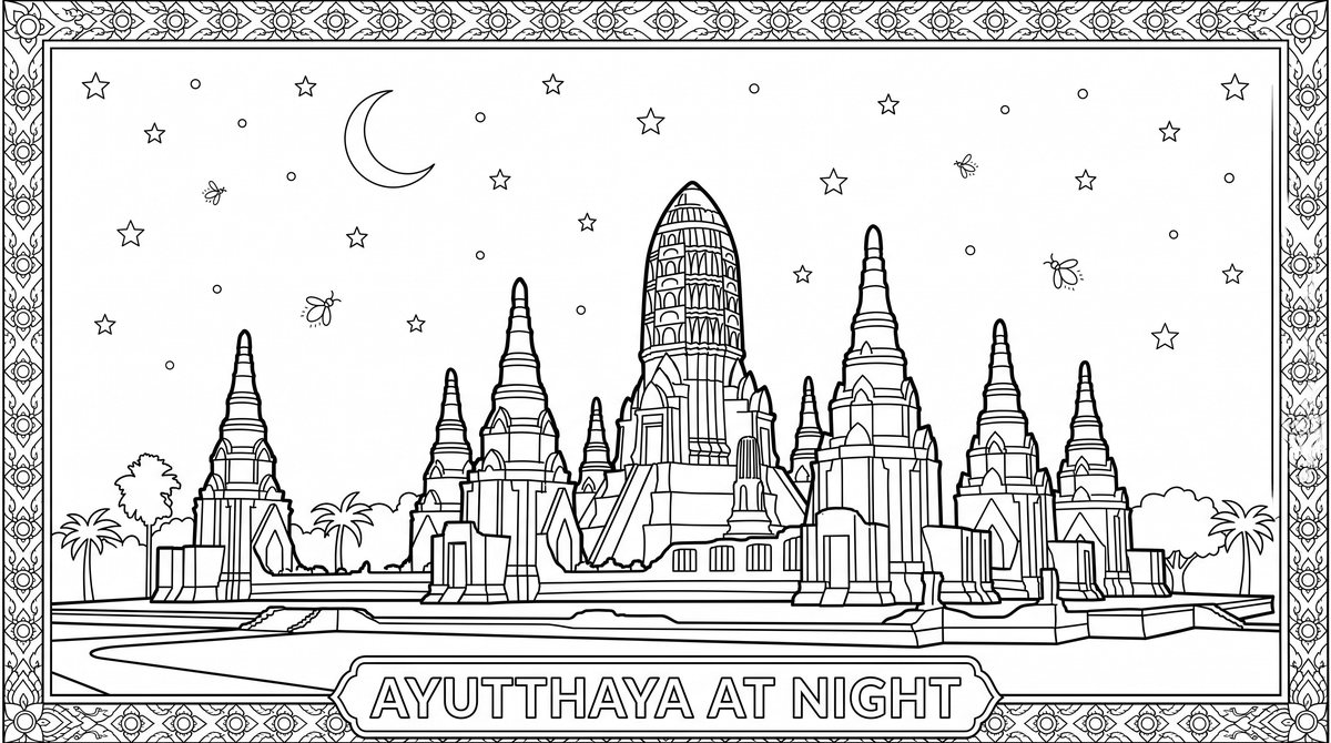 Colouring sheet: the Ayutthaya temple skyline under a crescent moon