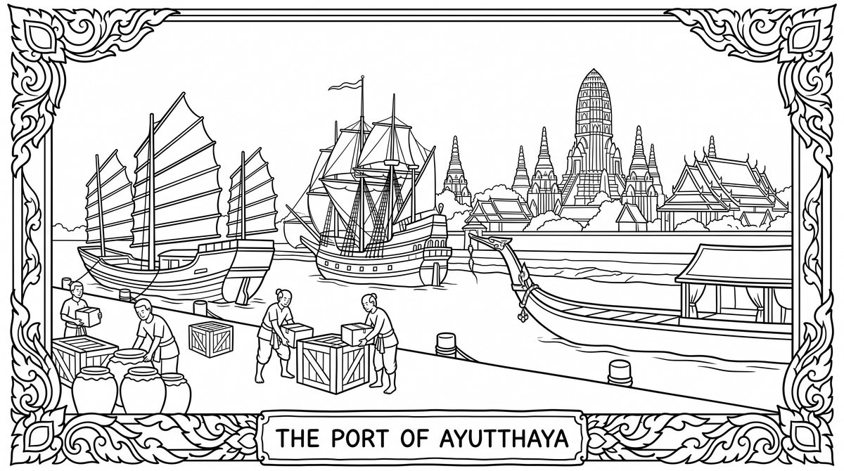 Colouring sheet: trading ships at the quay of old Ayutthaya