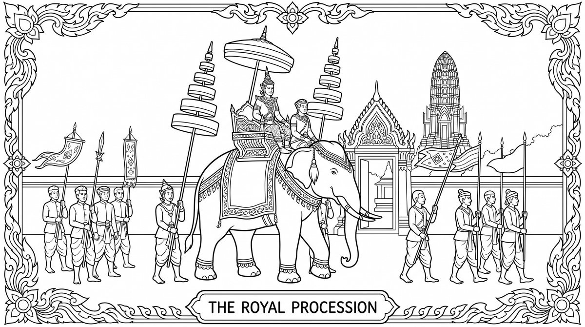 Colouring sheet: a king on a decorated elephant in old Ayutthaya