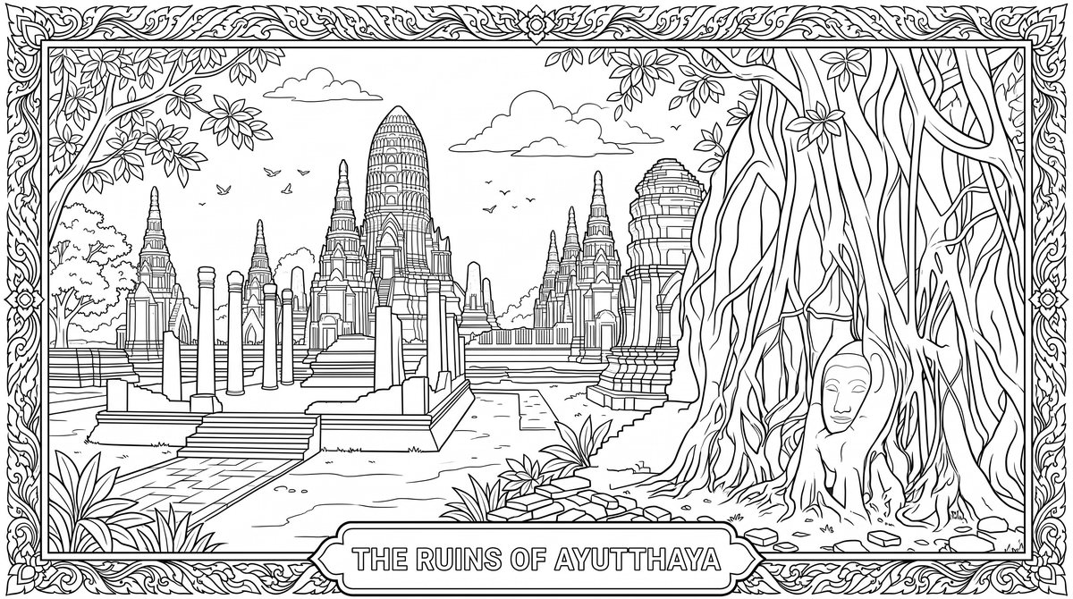 Colouring sheet: the temple ruins of Ayutthaya today