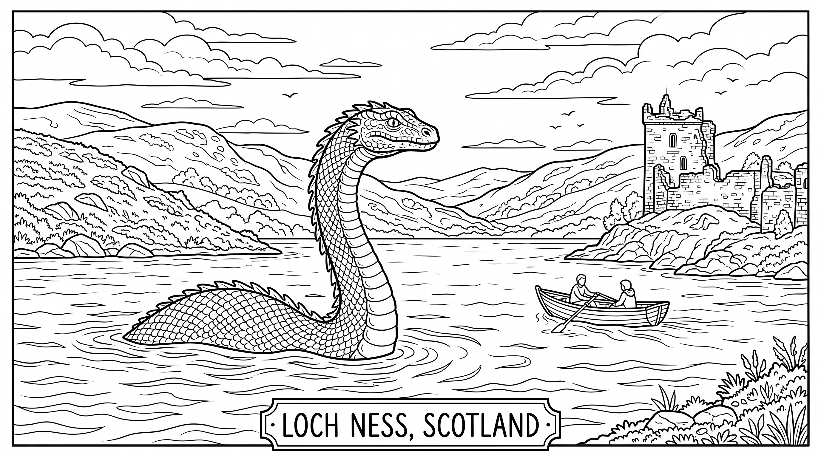 Colouring sheet: the Loch Ness monster, Scotland