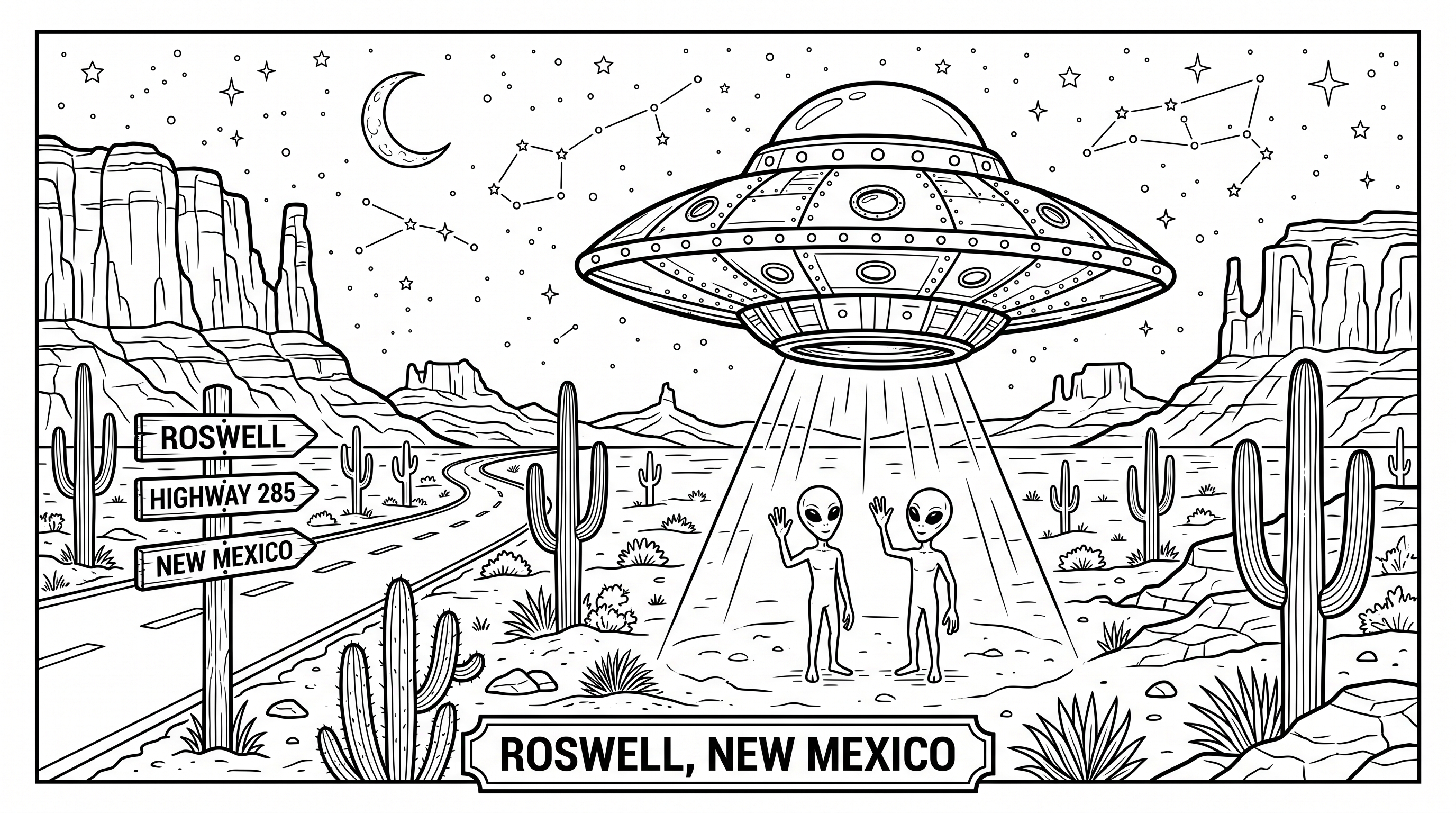 Colouring sheet: a flying saucer over Roswell, New Mexico