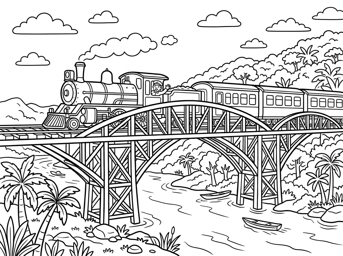 Colouring sheet: a train crossing the Bridge over the River Kwai