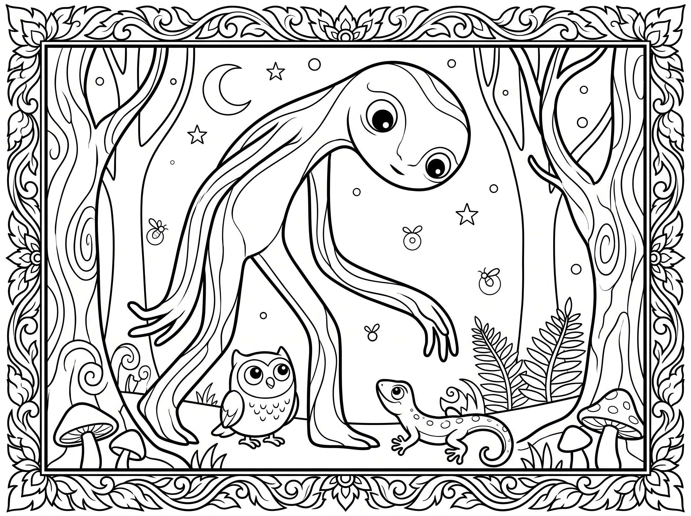 Colouring sheet: a friendly forest spirit at night