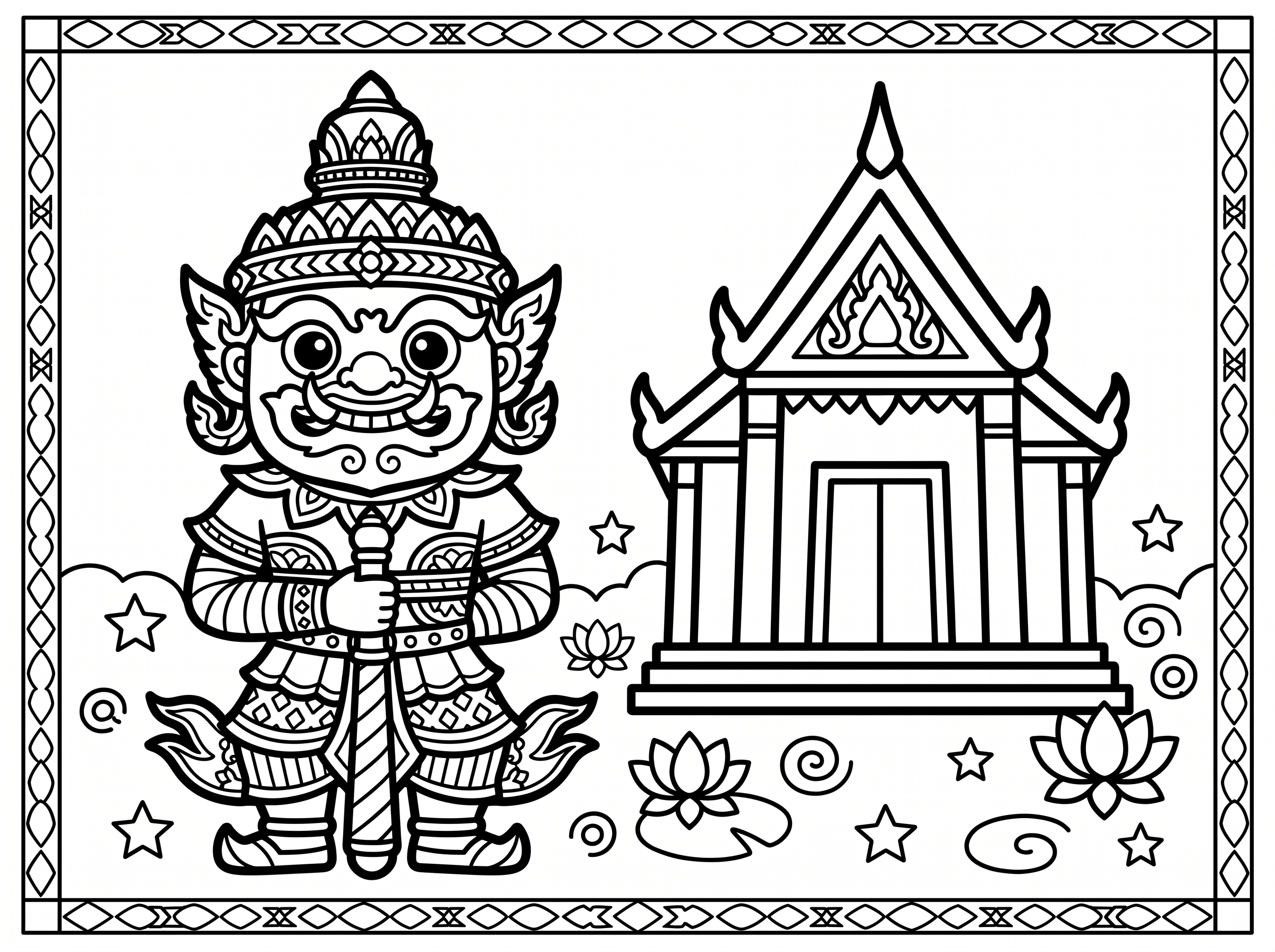 Colouring sheet: a Thai temple guardian and temple