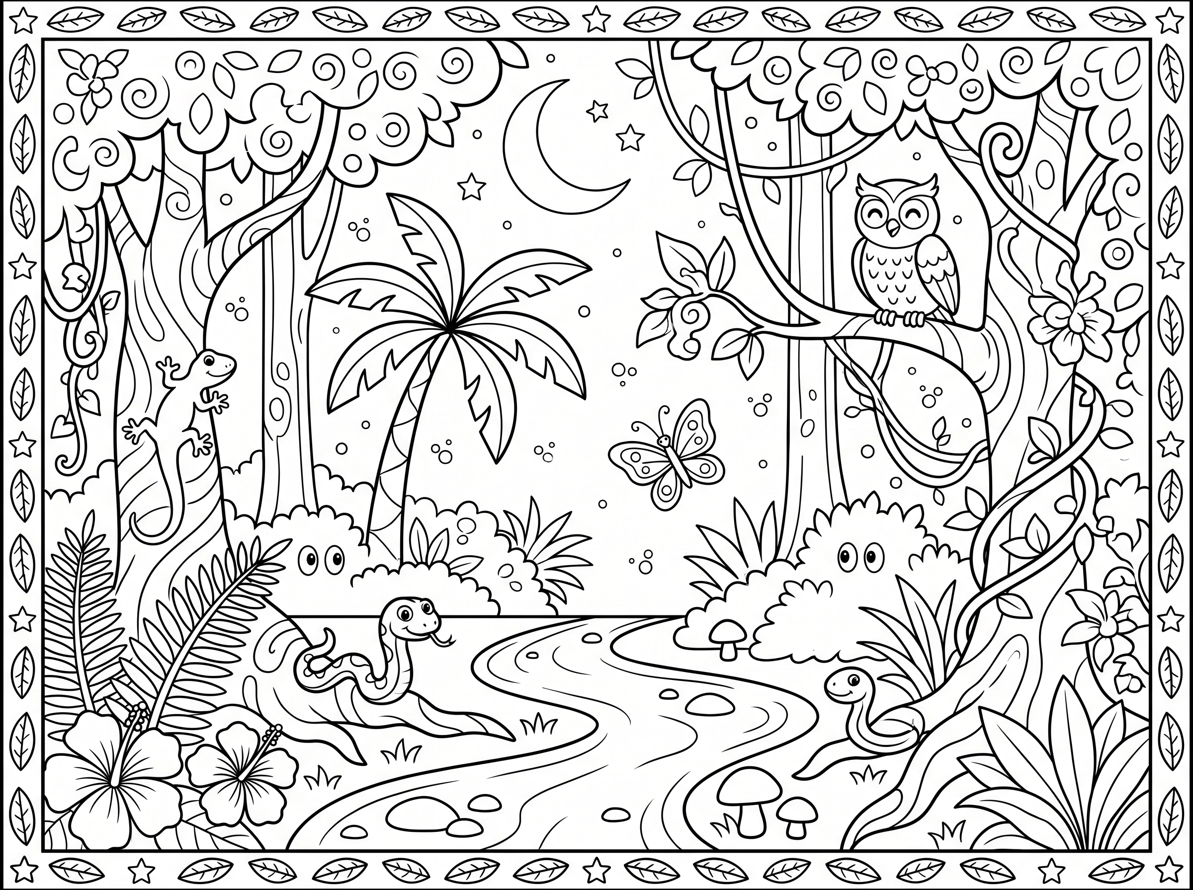 Colouring sheet: the Thai jungle at night