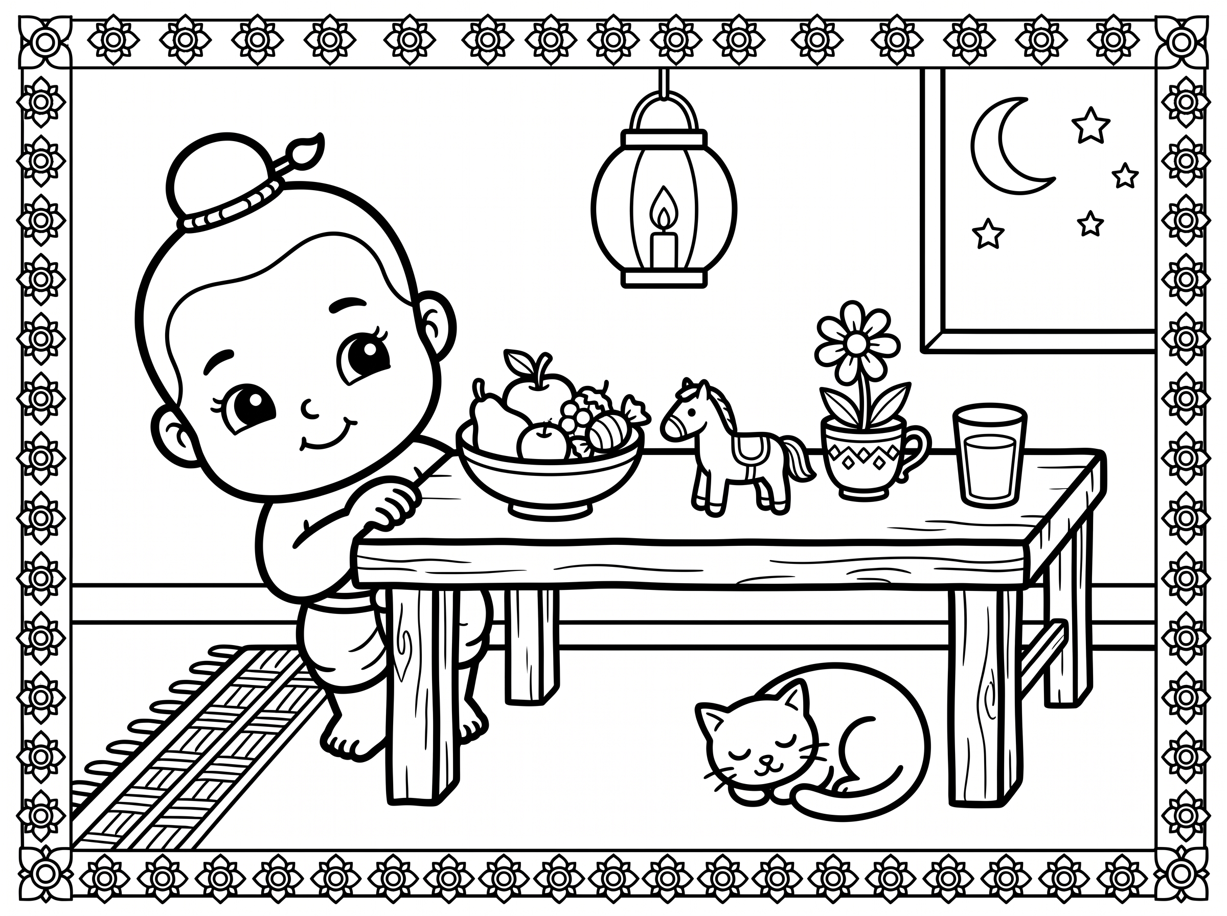 Colouring sheet: a child making offerings at home